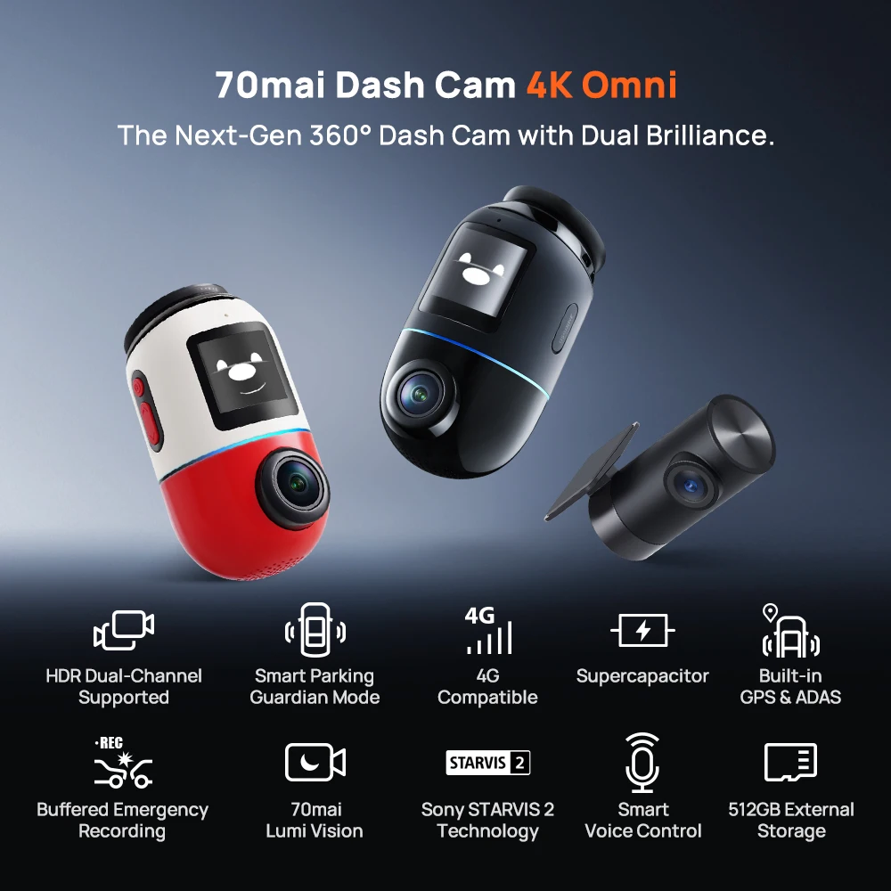 Global Version 70mai Dash Cam 4K Omni X800 360° Rotating Dual-Channel HDR Supported 4G Compatible Supercapacitor 70mai X800 Omni