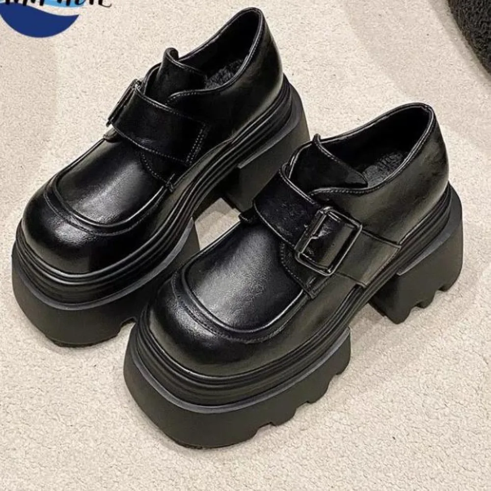 7cm height increasing small leather shoes women's high heels new thick sole JK British style loafers Mary Jane shoes of Womem