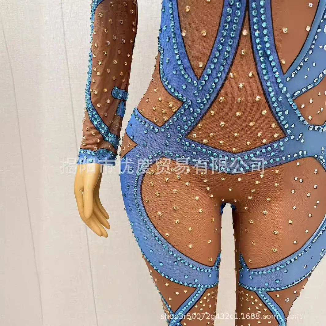 Glam Niche Luxury Rhinestone Mesh Slim Jumpsuit Singer Night Reception Performance Blue Goldfish Designer Luxury Evening Dresses