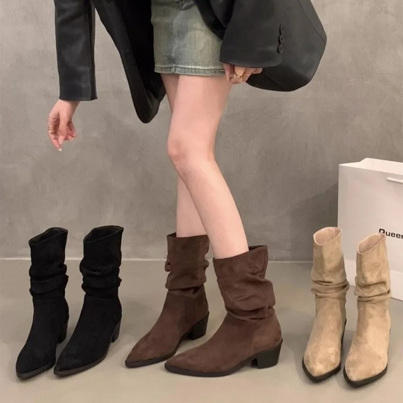 

Spring and Autumn Western Cowboy Boots Women Fashion Pleated Slip on Long Boots Female Elegant Low Heel Women's Knight Botties