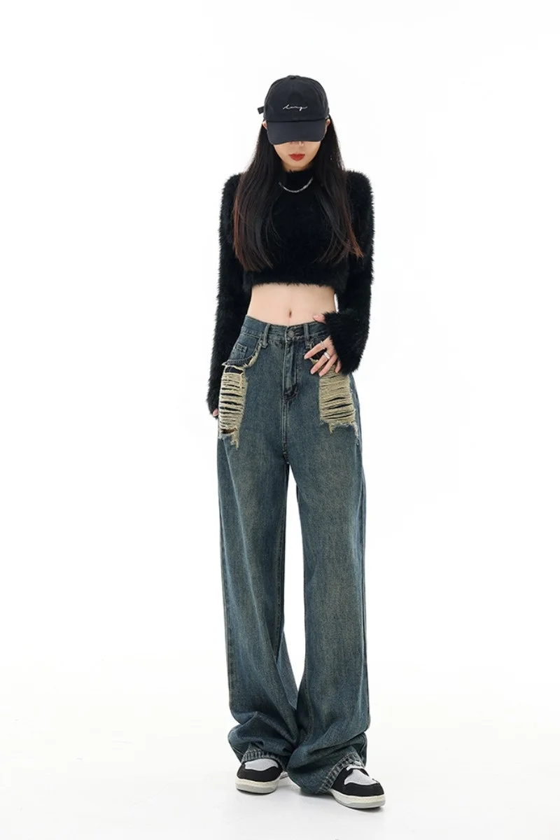 High Waist Skinny Jeans For Women In Autumn And Winter Demin With Holes, Straight Leg Pants Loose Wide Leg Pants