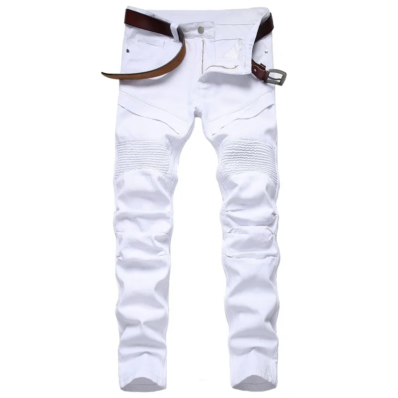 Jeans de moto plissés pour hommes avec trous, pantalons en denim décoratifs, bleu, blanc, rouge, vert, jaune, mode décontractée, fjj, nouveau, 2024