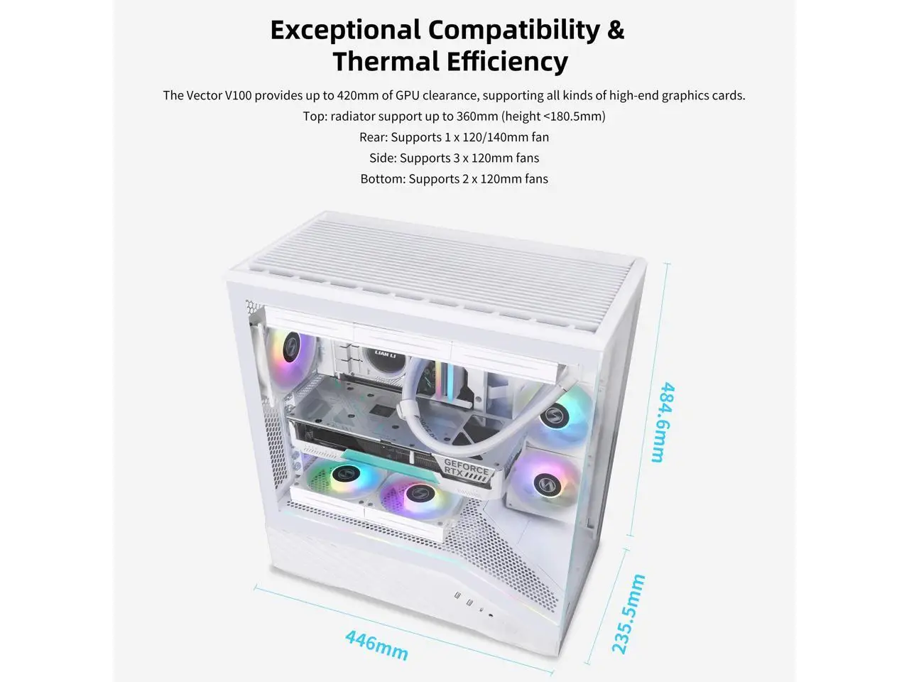 Lian Li V100 ATX Mid-Tower PC Case, LED RGB Strip, Display Platform Design with Tempered Glass, Support 420mm GPUs, 360mm Radiator, Side I/O & Optimized Airflow, Dust Filiter - White (V100W)