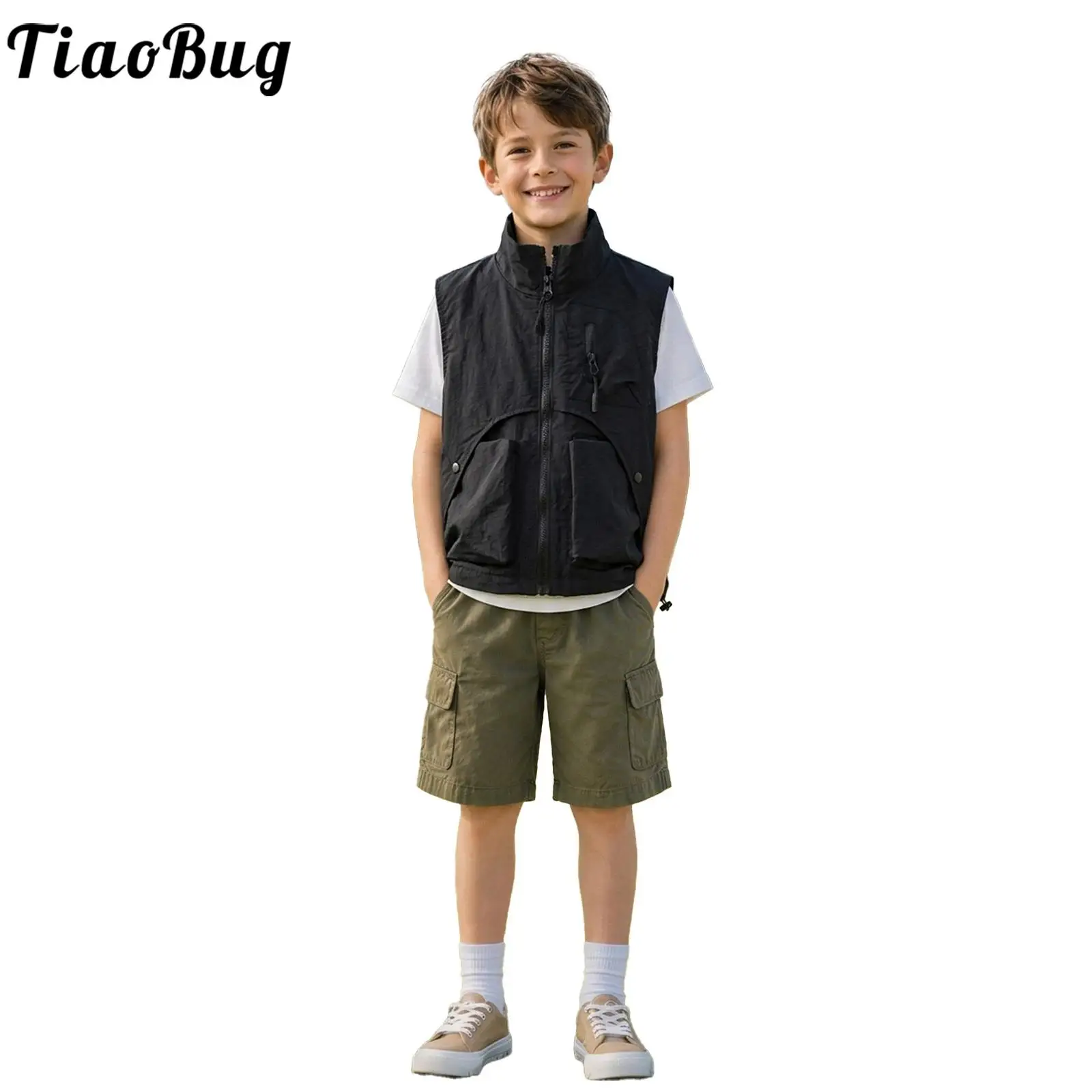 Kids Boys Fashion Zipper Cargo Vest Stand Collar Sleeveless   Outerwear for Hiking Fishing Camping Travel Outdoor Activities