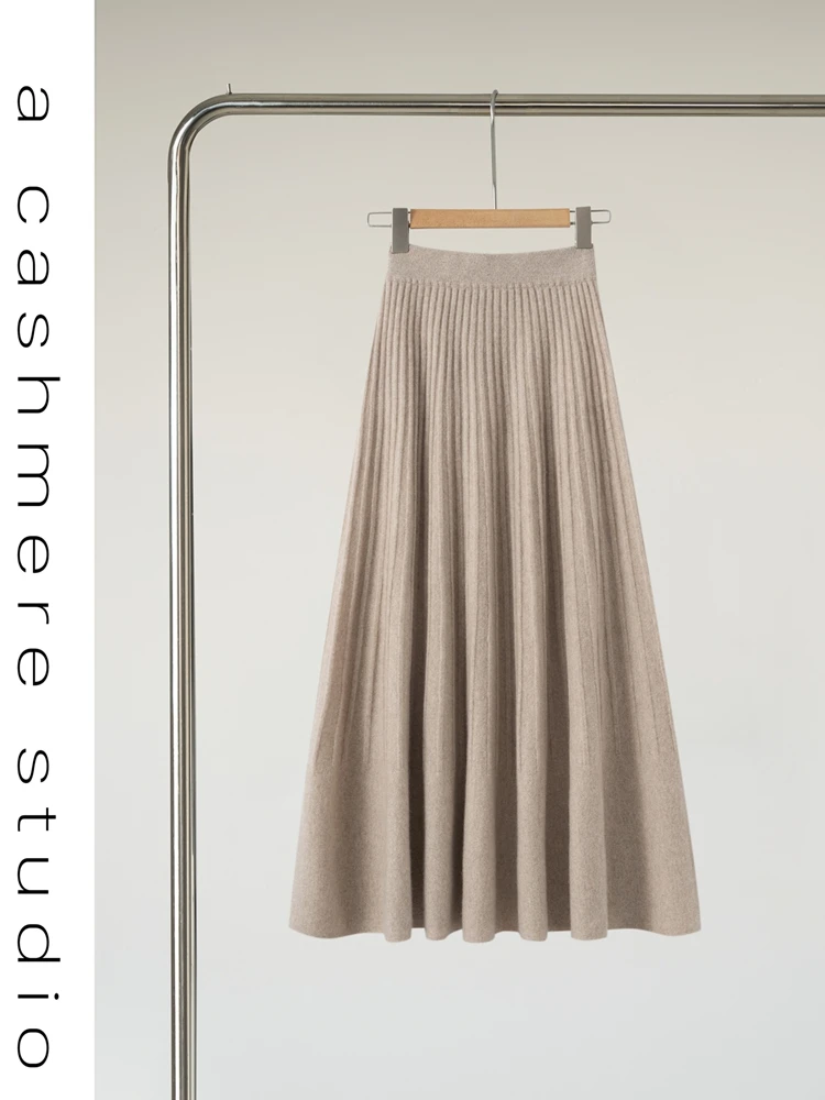 Autumn Winter High Quality Women's A-line Umbrella Skirt Chic Female Grace Soft Simple Style 100% Cashmere Knitted Skirt New