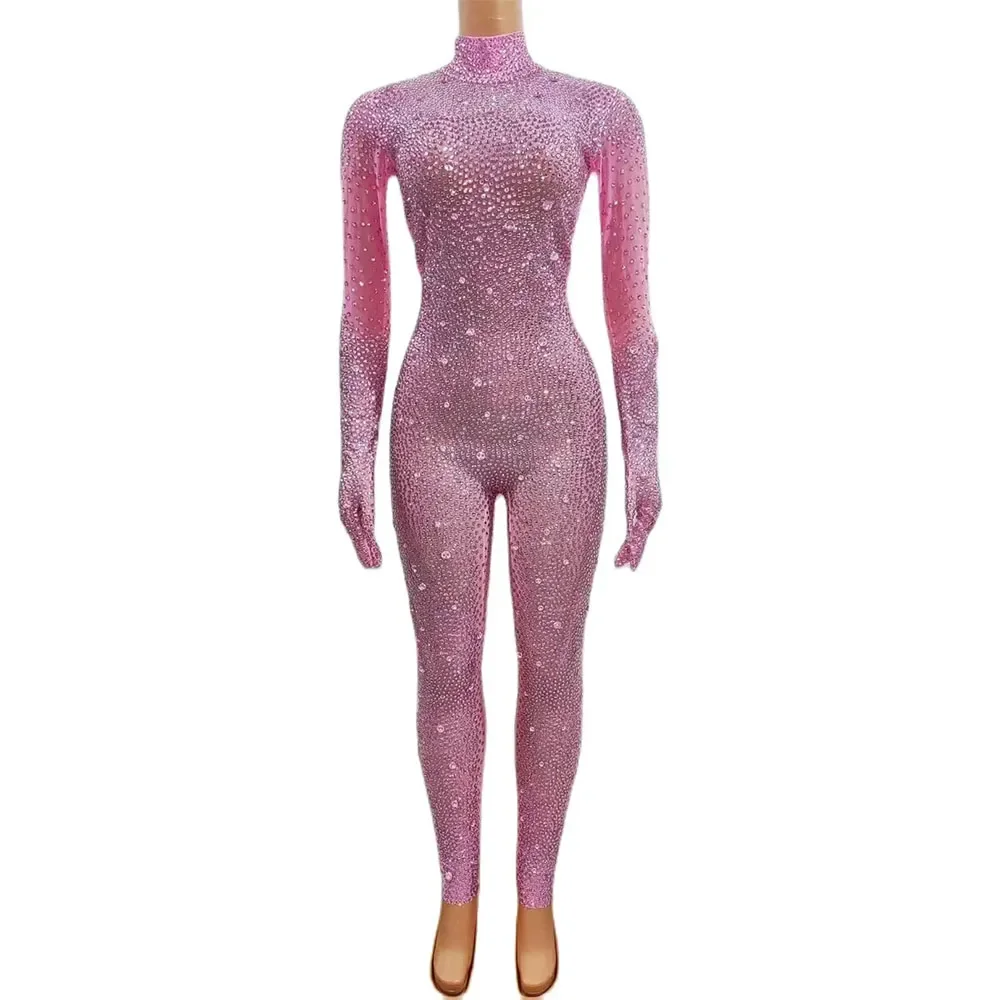 Combinaison Strass Rose Kly avec Gants pour Femme, Costume de Spectacle, de Chanteur, de Spectacle, de Séance Photo, d'Anniversaire, Sexy