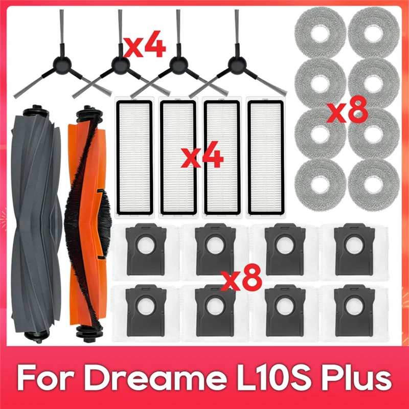 

Запчасти для робота-пылесоса Dreame Bot L10s Plus / RLL42SD: основная и боковые щетки, HEPA-фильтр, насадка для влажной уборки, мешок для сбора пыли.