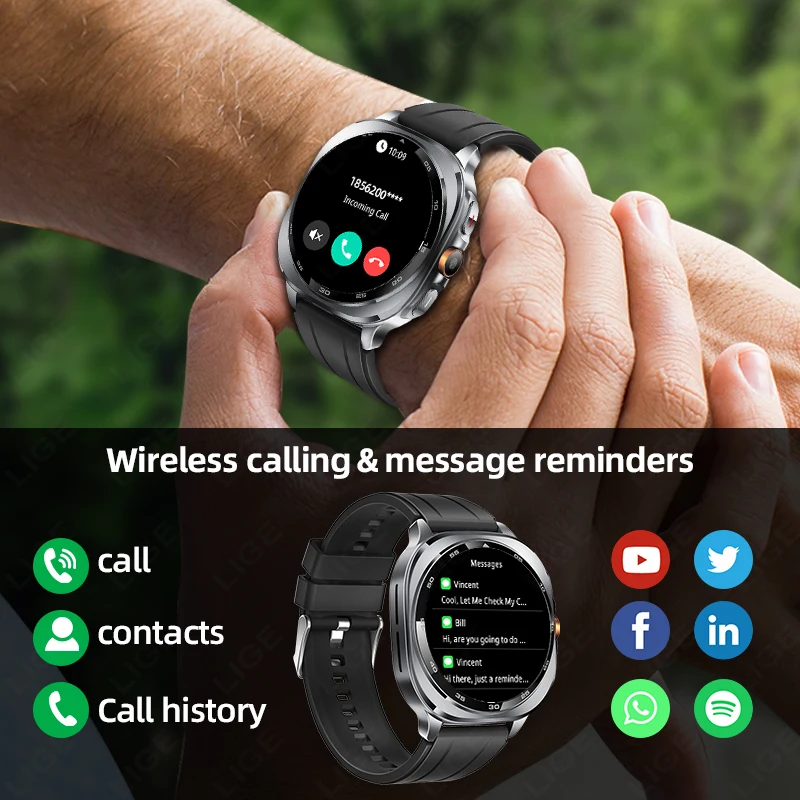 LIGE New Smart Watch GPS Sport Watch Outdoor 3ATM Waterproof AMOLED HD Display Bluetooth Call Compass Smartwatch 530mAh Battery