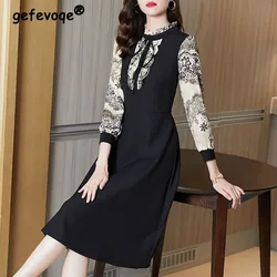 Spring Autumn New Ruffled Neck Printed Long Sleeve Women's Elegant Dress Fashion Commute Fake Two Pieces Spliced Midi Dresses