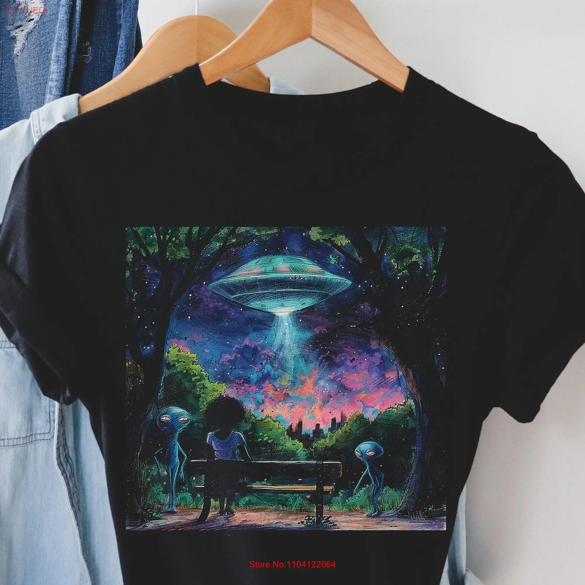 Alien Arrival T Shirt Afro Woman African American Sci Fi UFO Sighting Adult Spaceship Afrofuturism Top