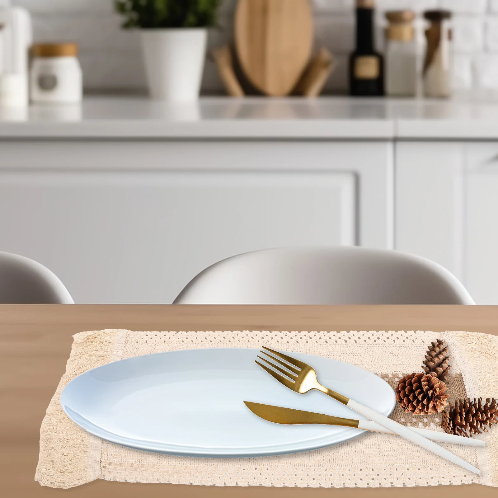 

2Pcs Bohemian Style Rectangle Placemat Linen Cotton Woven Dining Table Pad Heat Resistant Household Decorative Mat