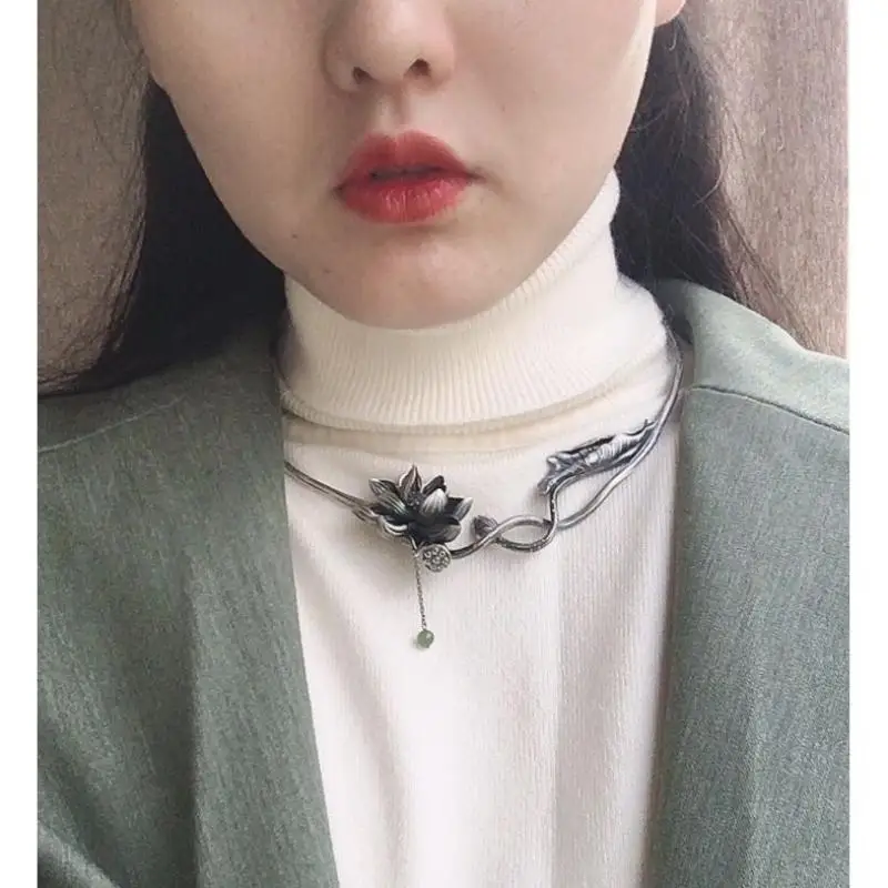1Pc Chinese Ethnic Style Characteristic Vintage Necklace Fashion All-Match Personalized Tassel Lotus Decorative Exquisite Choker