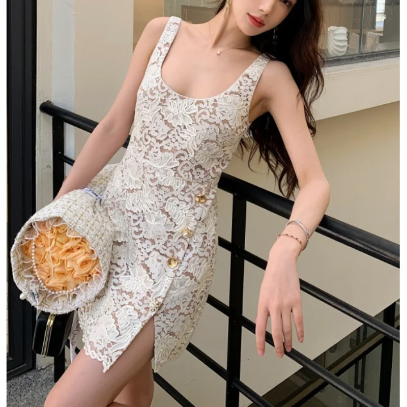 

Spring New Sexy Lace Sleeveless Vest Dress Women Cream Color High Quality Elegant Chic Party Fashion French Dresses Female