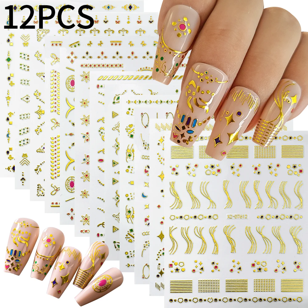 

12pcs Bronzing Gold Silver Bohemian Style Nail Sticker 3D Flower Leaves Star French Line Nail Decals for Women Manicure Decorati