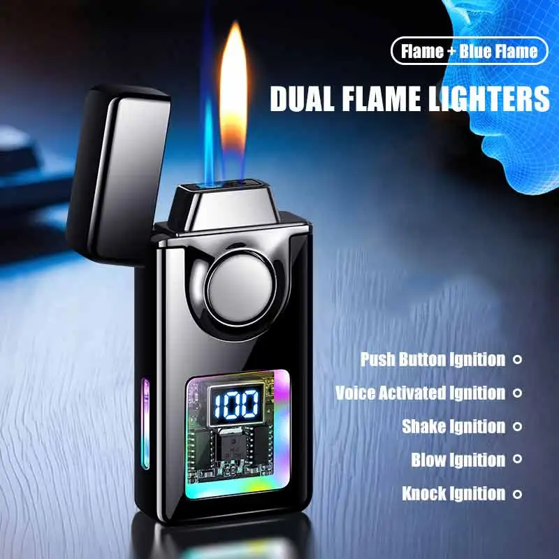 2027 Voice Controlled Ignition Gas Lighter Color Light Battery Display Open Fire Switching Jet Fire USB Electric Lighter Smoking
