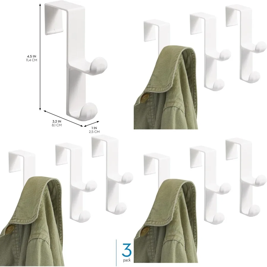 

iDesign Over the Door Plastic Dual Hook Hanger for Coats Jackets Hats Robes Towels Ideal for Bathroom Bedroom Mudroom Set of 3