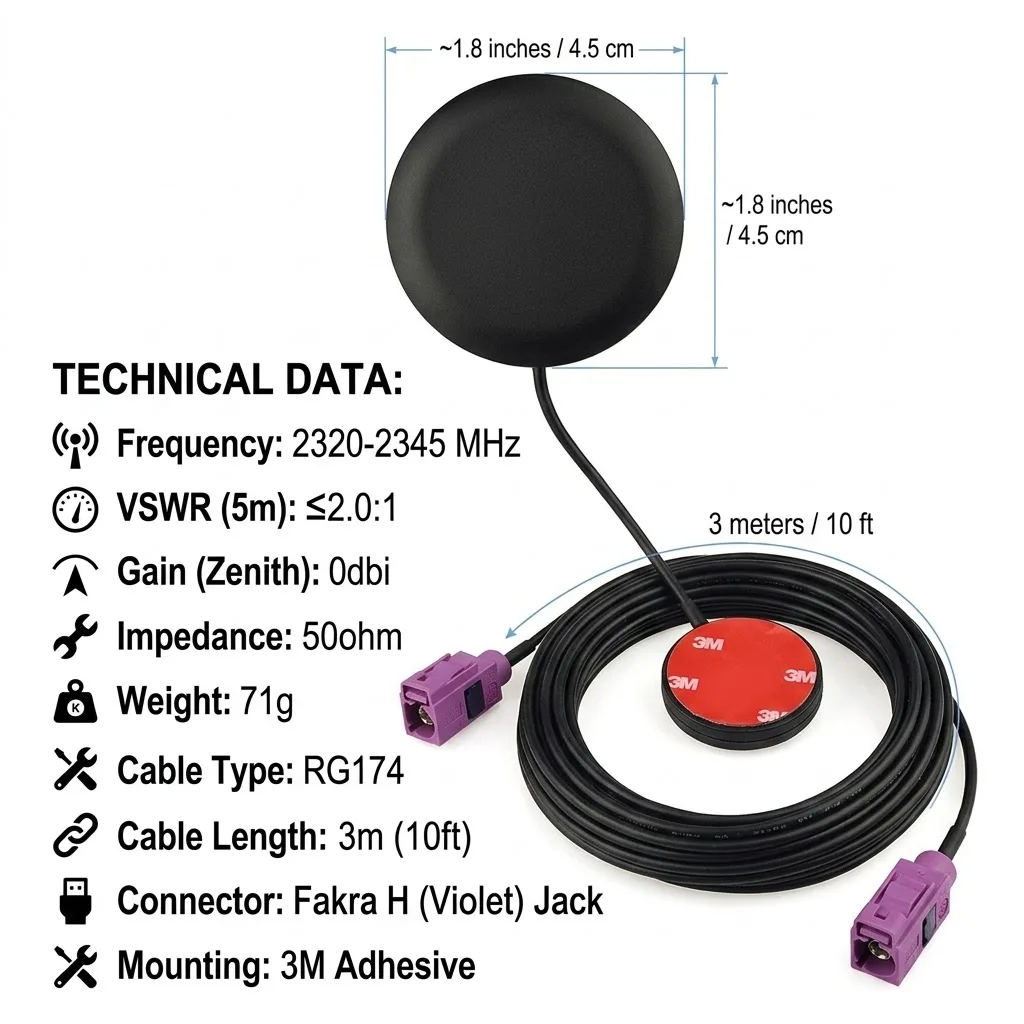 Eightwood 2320-2345 MHz Car DAB Antenna Fakra H Violet Female 3m Cable Adhesive Aerial for Sirius XM Satellite Radio Stystem