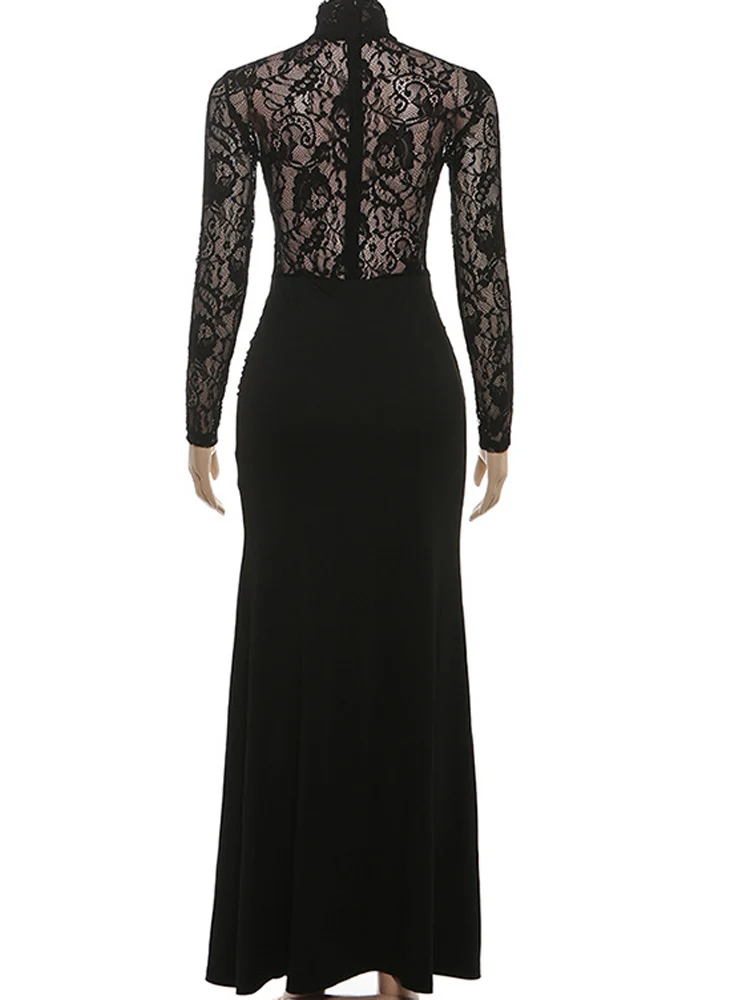 Kricesseen Sexy noir dentelle pure Patchwork à manches longues robe Maxi femmes col haut formel fête boîte de nuit porter moulante