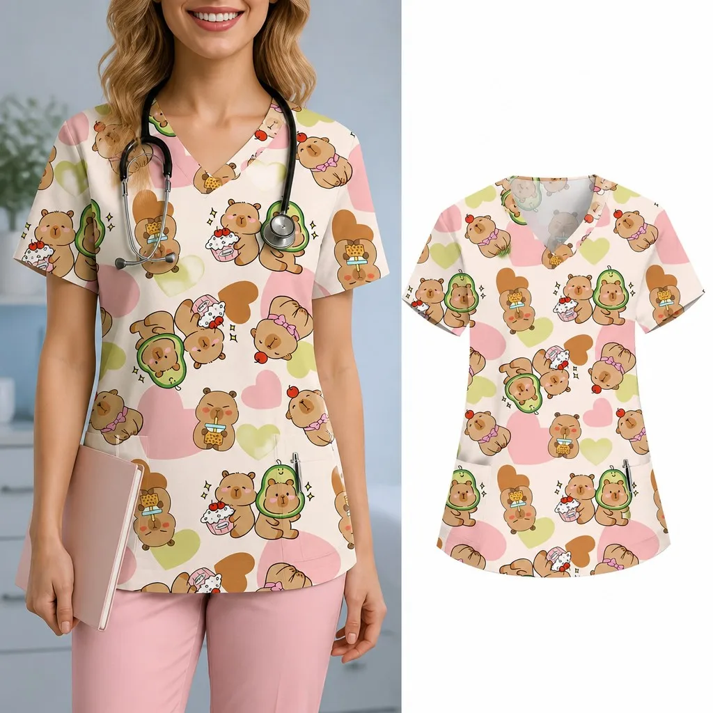 Halloween Women's Commuter Outfit Printed Surgical Gown/Nurse Uniform V-Neck Short Sleeve with Patch Pockets Nurse T-Shirt