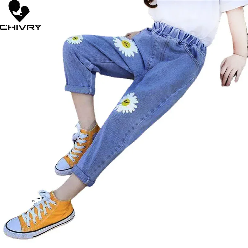 Neue 2022 Kinder Mode Jeans Lange Hosen Hosen Mädchen Klassische Denim Blume Stickerei Hosen Baby Jeans Frühling Herbst Jeans