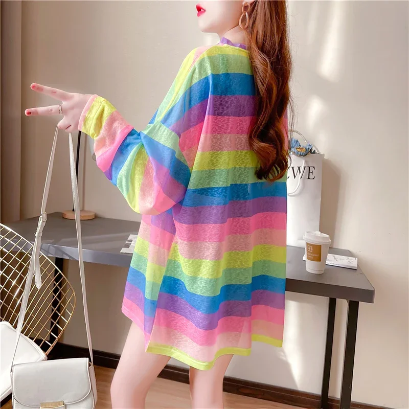 DAYIFUN Rainbow Striped T-shirts Women Oversize Transparent Tees Sexy Long Sleeve Harajuku Aesthetic Loose Casual Thin Mesh Tops