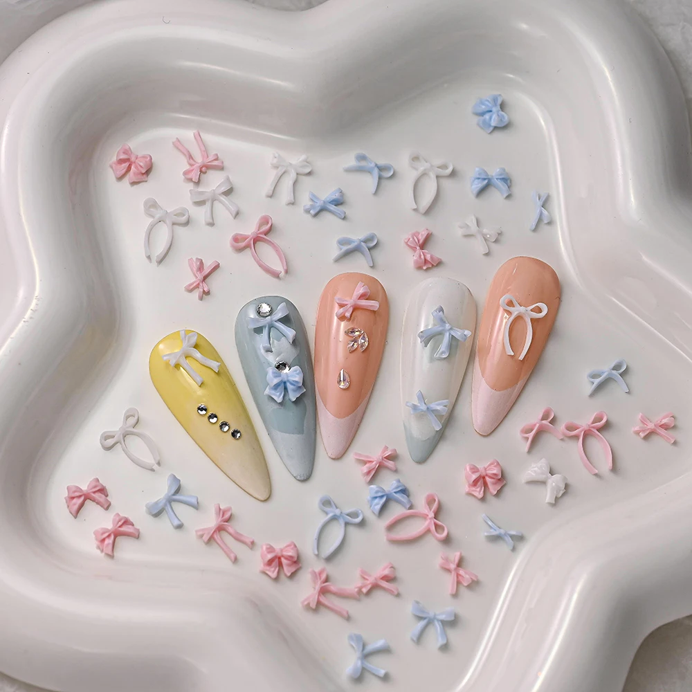 50 stuks Zoete Banden Wit/Roze/Blauw Strik 3D Nail Art Decoraties Mini Hars Boog Steentjes Lint nagel Charmes Manicure DIY