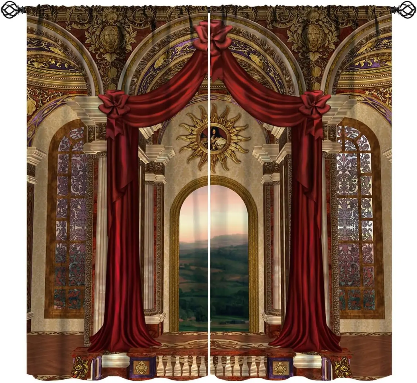 Gothic Curtains，Red Fantasy Palace Pattern Drapes Window 2 Panel Rod Pocket Curtain for Bedroom Living Room Decor No Blackout