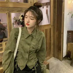 Loose Casual Short Drawstring Blouse Spring Autumn Polo Neck Long Sleeve Solid Trend Shirt Tops Vintage Fashion Women Clothing