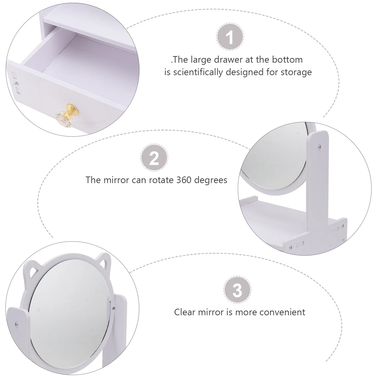 

Wood Glass Crystal Vanity Mirror Storage Box Desktop Makeup Drawer Degree Rotatable Clear Surface Cosmetics Jewelry