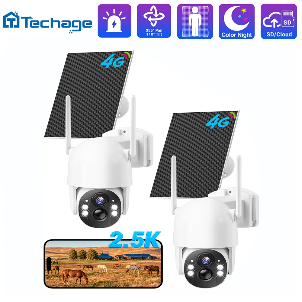 Techage 4G LTE cellular solar security camera outdoor wireless, 350 ° PTZ 2.5K NO WiFi security camera, color night vision