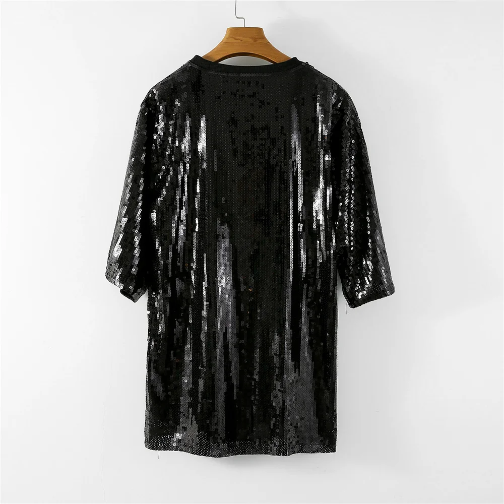 

2026 New Female Summer Letter Short Sleeve Sequins Streetwear T-Shirt Round Neck Hip Hop Night Club Straight Women's Tops