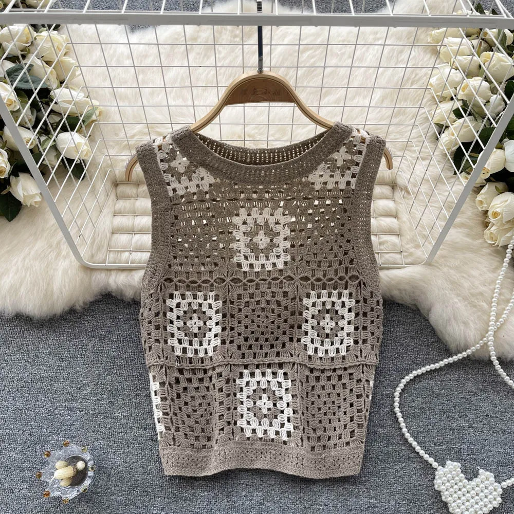 Women Granny Square Crochet Top Openwork Knit Sleeveless Vest Knitwear Laides Teengirl Summer Fairycore Cottagecore Outfit