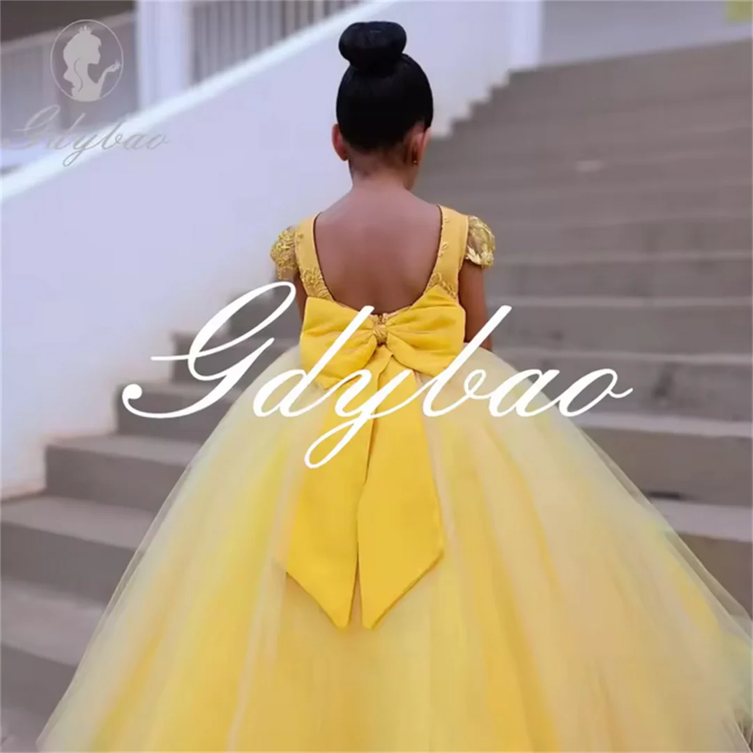 Elegant Short Sleeve Applique A Line Bow Flower Girl Dress Floor Length Backless Luxury Formal First Communion Dress Customized