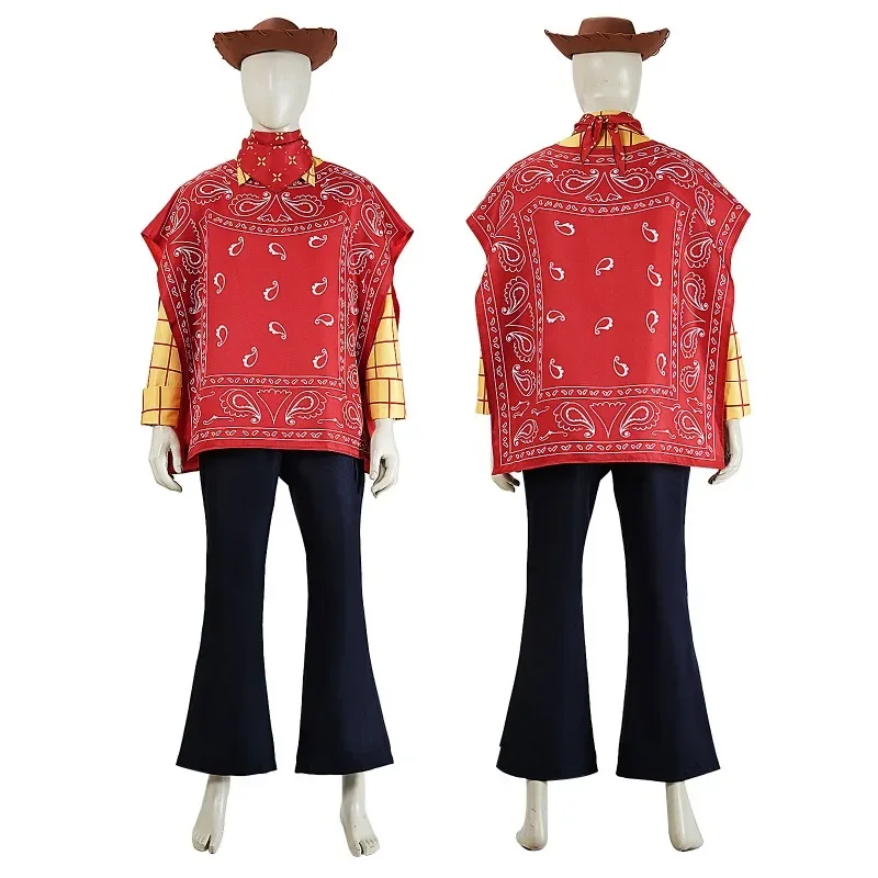 Cowboy Cosplay Costume Red Bandana Cape Yellow Plaid Shirt Dark Flare Pants with Hat Full Outfit for Halloween Carnival Party