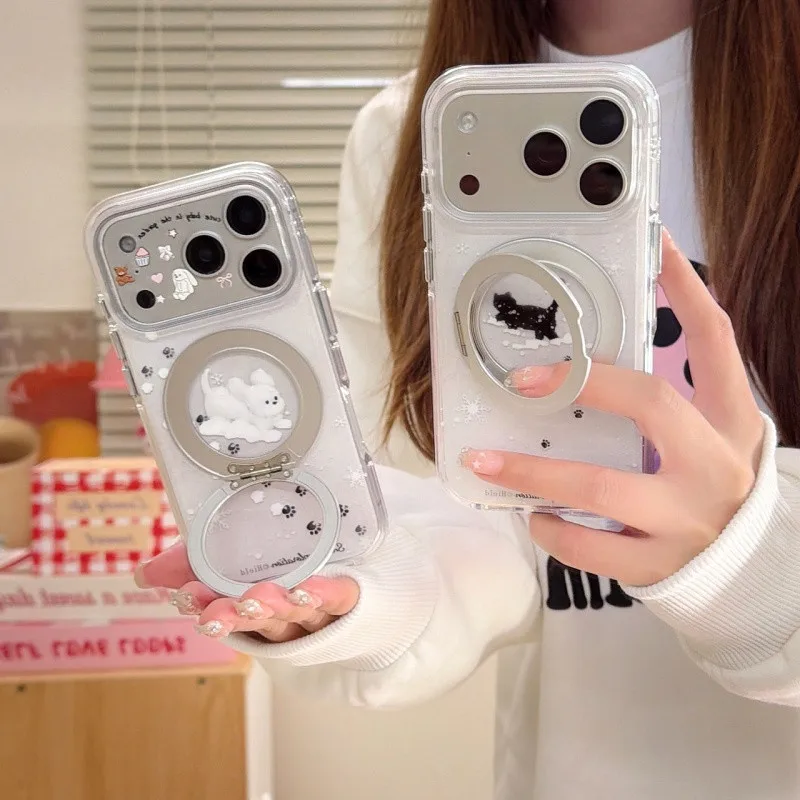 

Зимний чехол для телефона с мультяшным щенком для iPhone 17 Pro, 16 Pro Max, 15, 14 Pro, с подставкой, акриловый, жесткий, милый, мультяшный, C