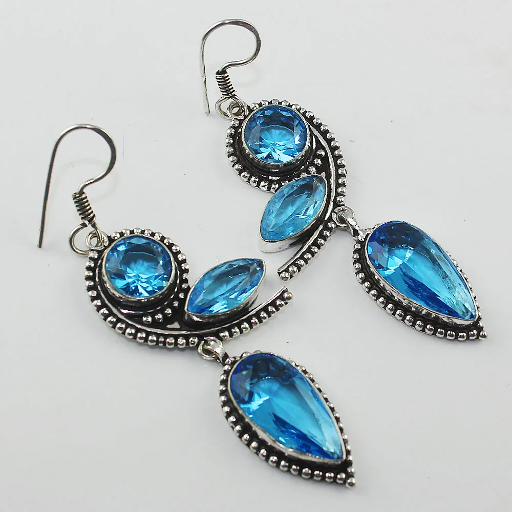 Blue  Topas   Earrings  Silvers Overlay over Copper , 73 mm, E1158