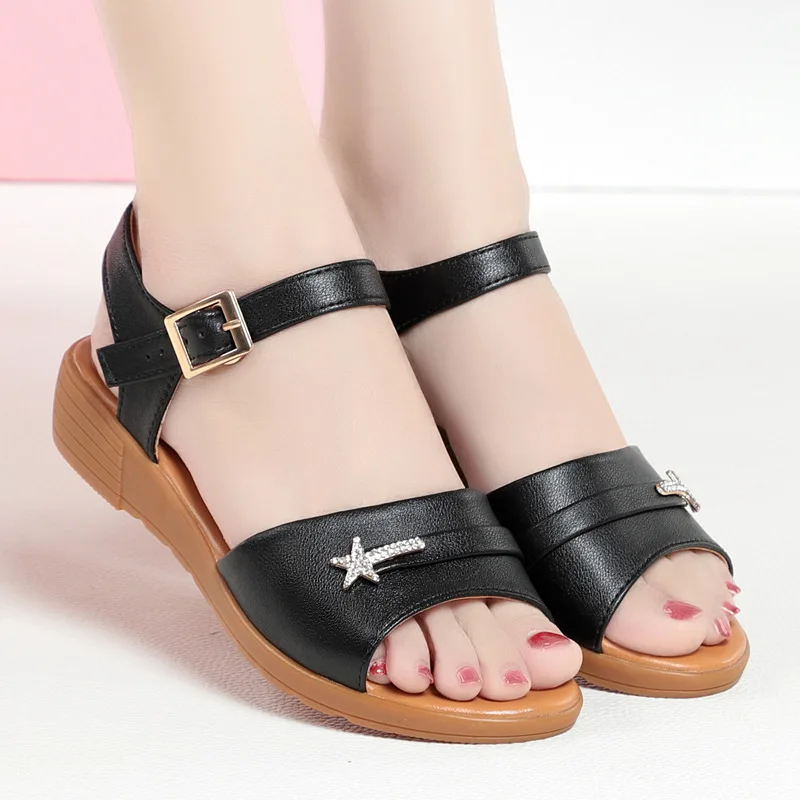 2026 New Chunky Heel Cowhide Sandals Women's Crystal Rhinestone Peep-Toe Shoes Black Summer Platform Sandals for Women