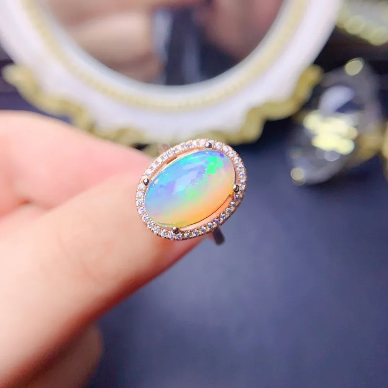 925 Silver Natural Opal Ring 10mm*14mm Opal Jewelry with Gold Plating Solid Silver Gemstone Ring with Gold Plating