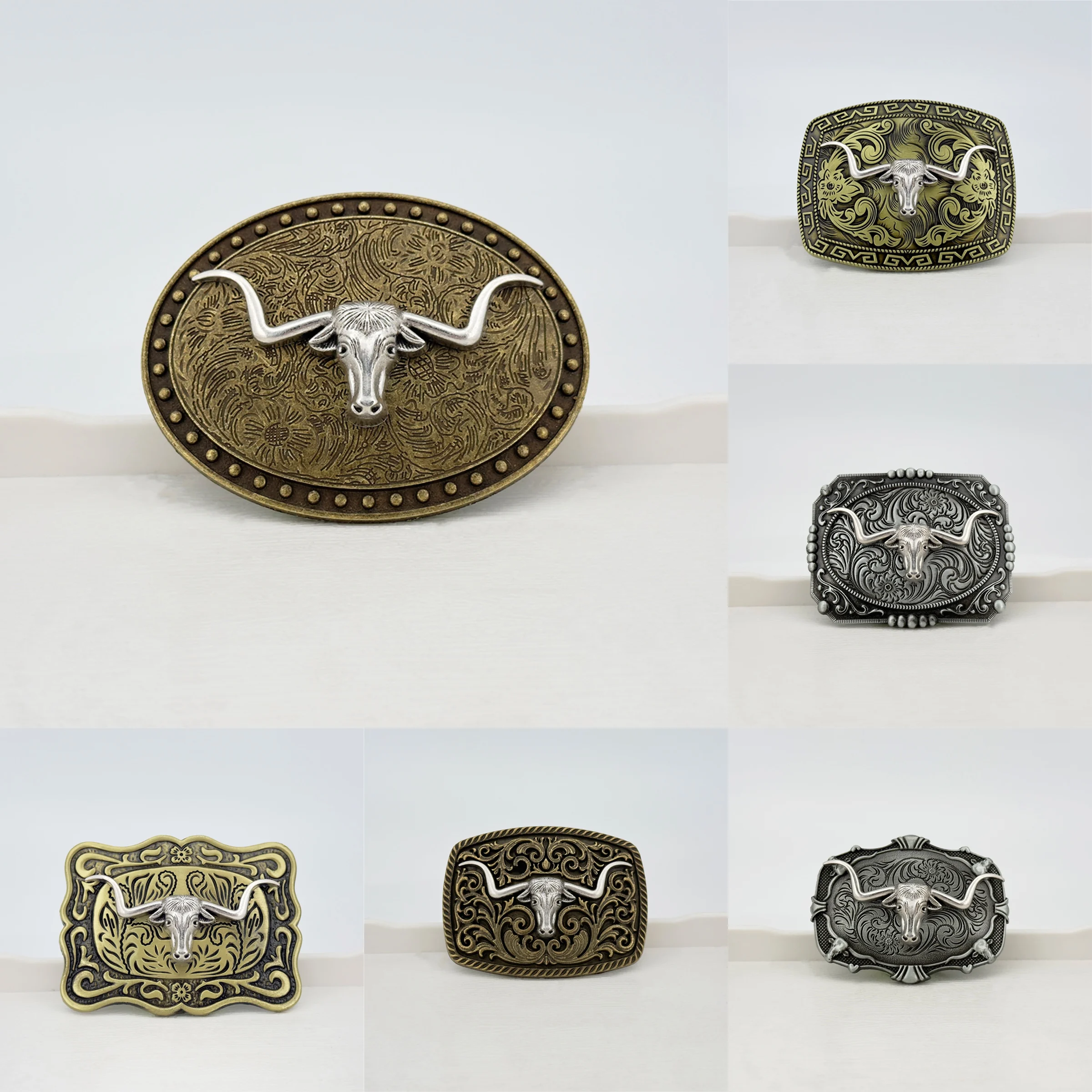 قطعة واحدة من سبائك الزنك الكلاسيكية العتيقة مع زوايا منحنية ونقش رأس بقرة طويلة من القبيلة الغربية، D #1