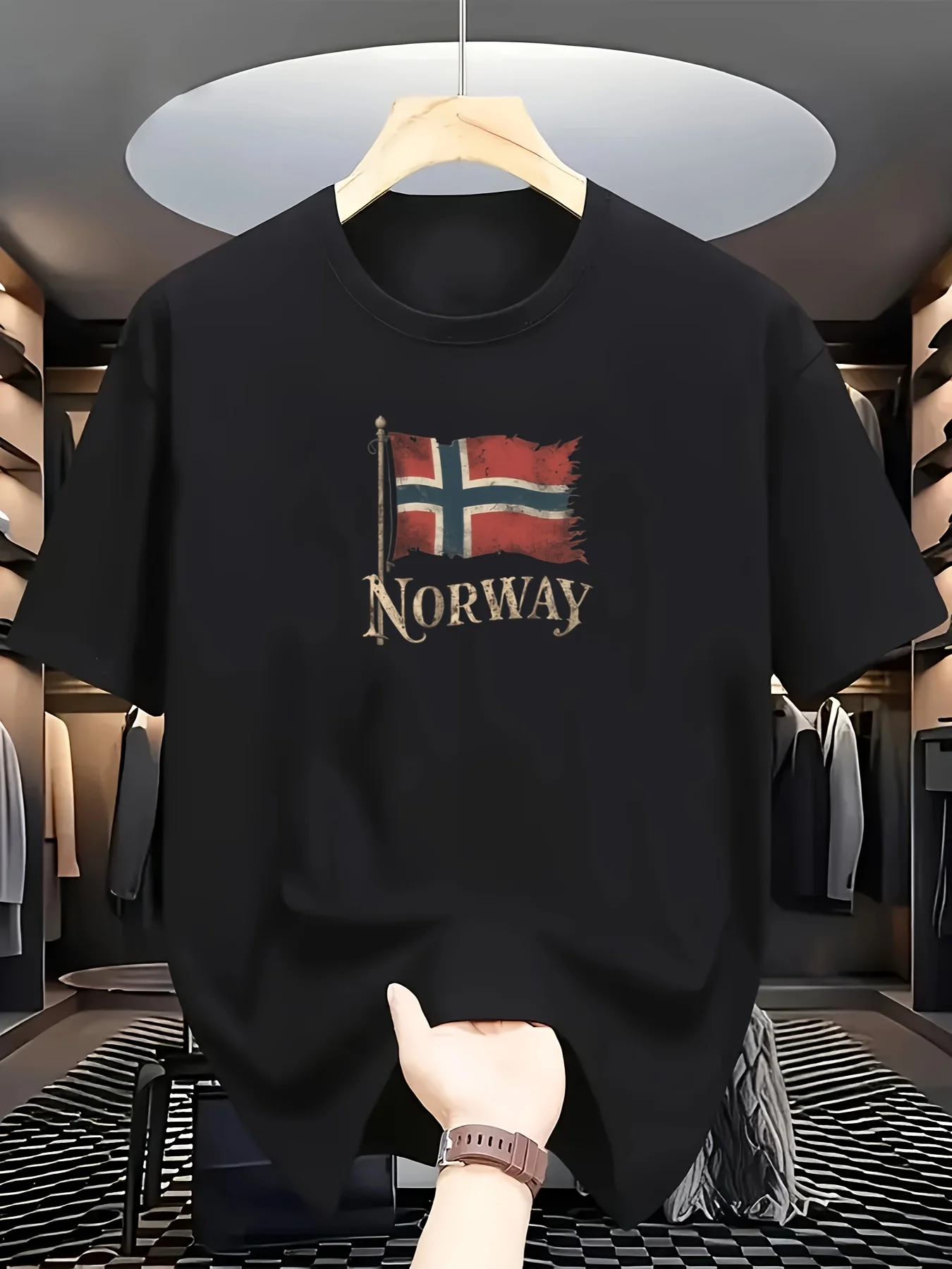 

Men'S Casual Short Sleeve Round Neck Crew Neck T-Shirt, 100% Cotton, Distressed Print Norway Flag