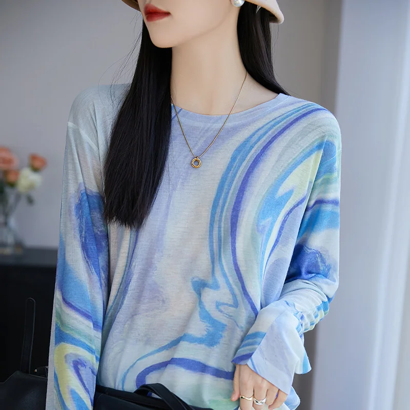 Spring And Summer New Fashion Print Thin Sweater Sunscreen Shirt Round Neck Long Sleeve T-Shirt Water Soluble Bottoming Shirt