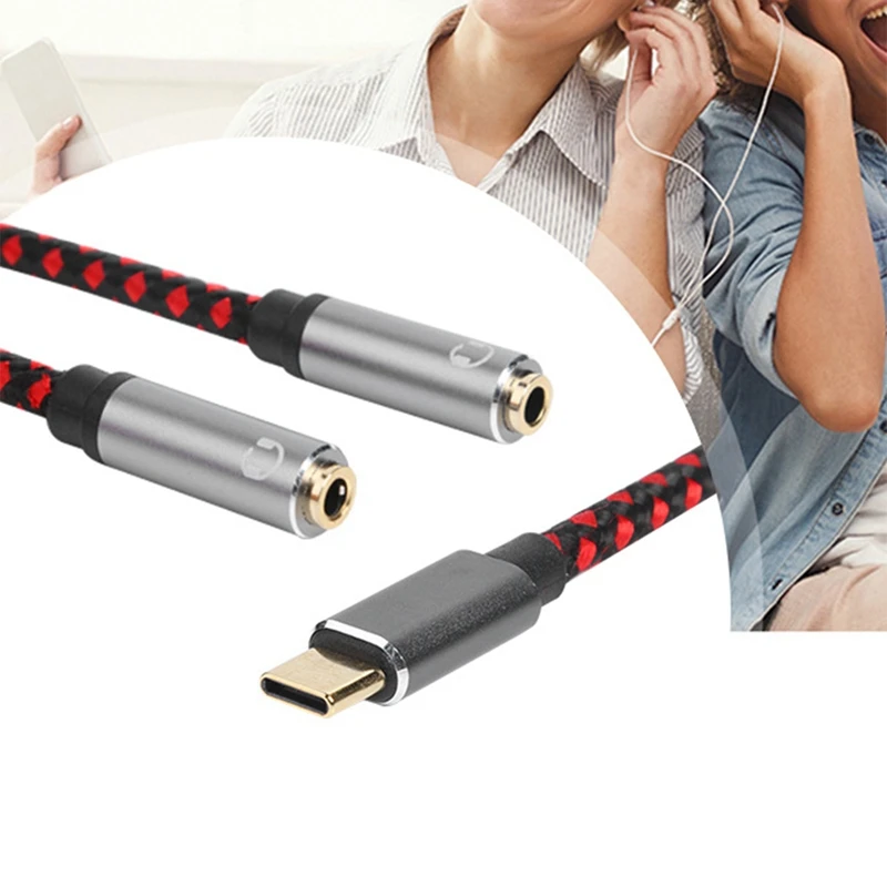 

USB C Earphone Aux Cable Type-C Male To Dual 3.5mm Female Jack Y Splitter Headphone Mic Adapter Audio Extension Cord