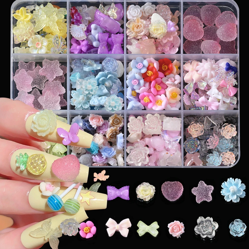 12 grilles 3D sucette dessin animé fruits Nail Art strass Flatback résine fraise raisin ongles breloques bijoux à bricoler soi-même gemmes décoration