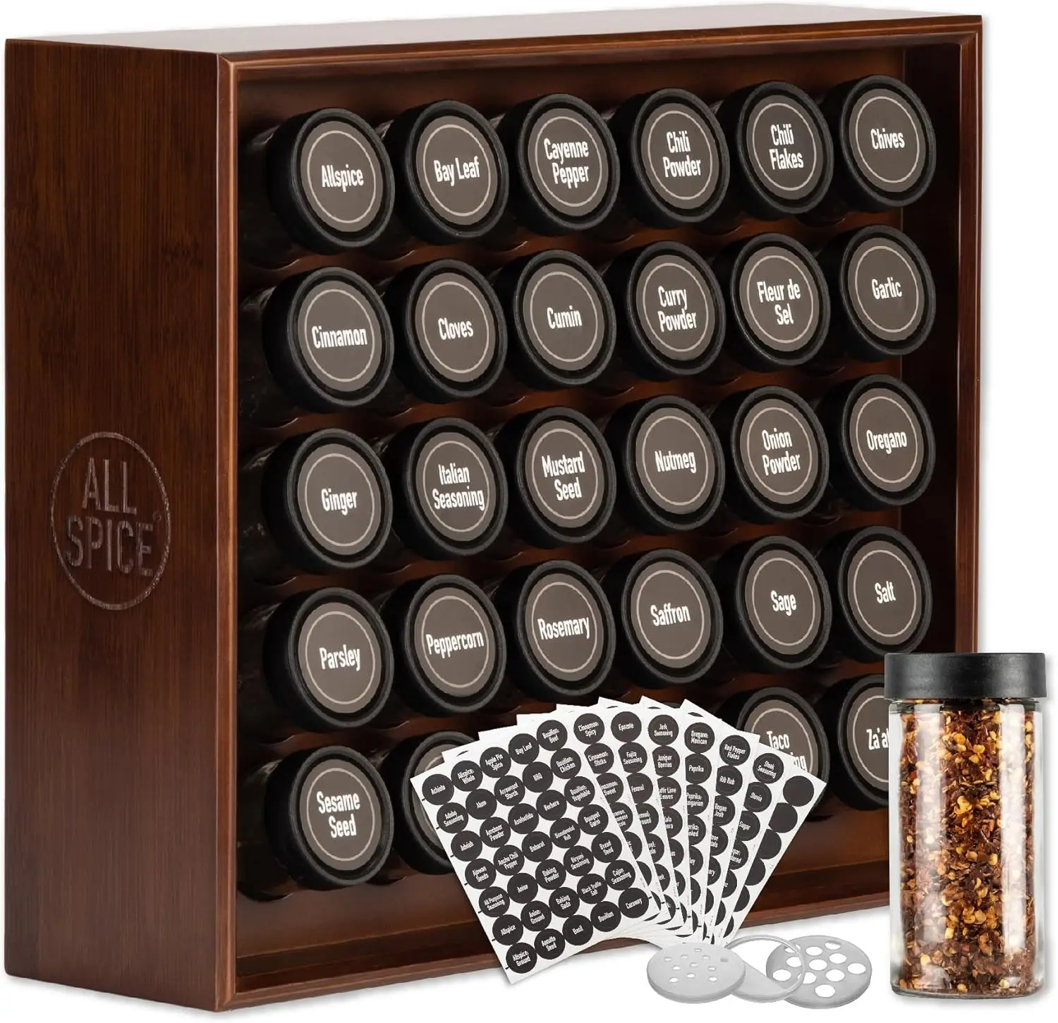 

Spice Rack Organizer, Wood, 525 Unique Labels, Countertop or Wall Mount, Includes 30 4oz Jars- Walnut Stain