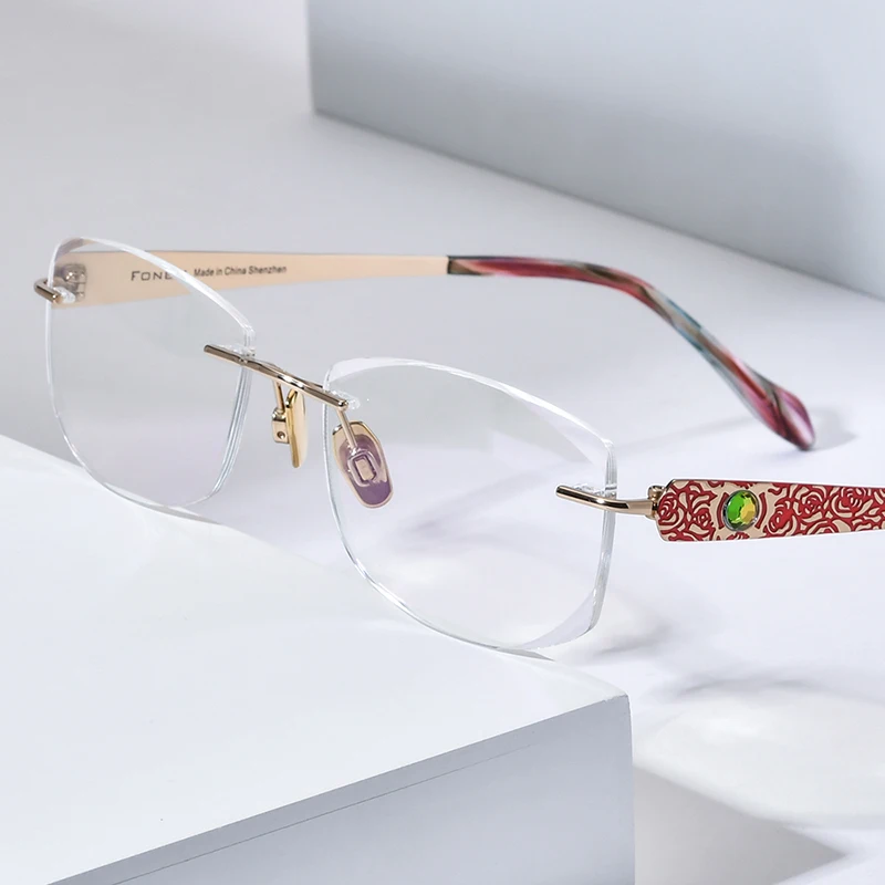 FONEX Titanium Rimless Glasses Frame Women Famous Luxury Brands Designer Diamond Trim Eyeglasses Premium Frameless Eyewear 6118