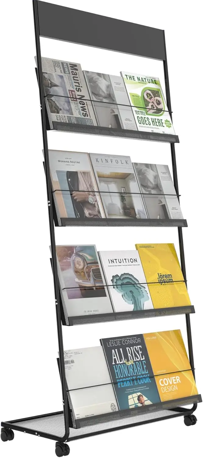 Magazine Rack: Floor-Standing 4-Layer with Wheels, Brochure Display Stand, High-hardness metal for Exhibitions, Office,