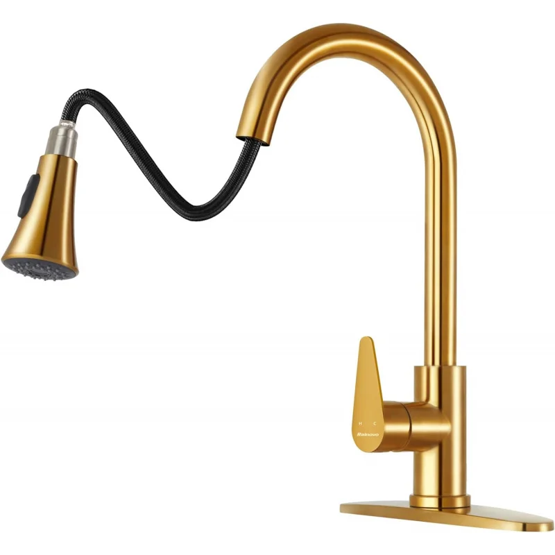 

Kitchen Faucet with Pull Down Sprayer Brushed Gold, 3 Hole Kitchen Sink Faucet Stainless Steel Single Handle, High Arc Faucets w