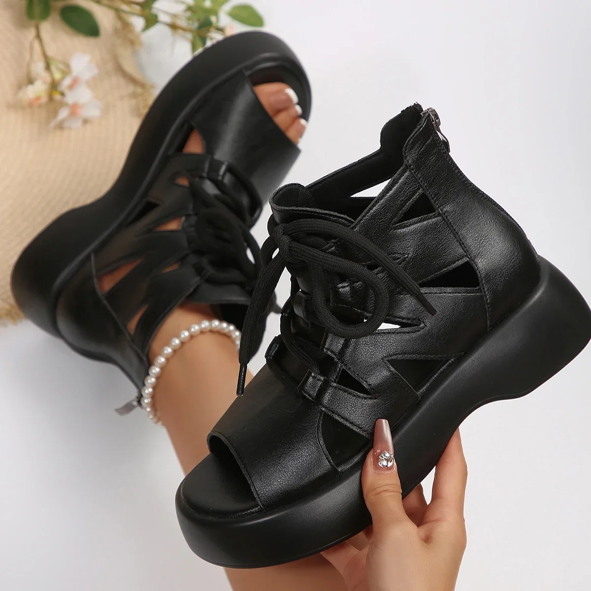 

Женские сандалии в стиле ретро, дышащая обувь на платформе, модные кожаные женские ботинки, дизайнерские сандалии на танкетке на среднем каблуке Sandalias De Mujer