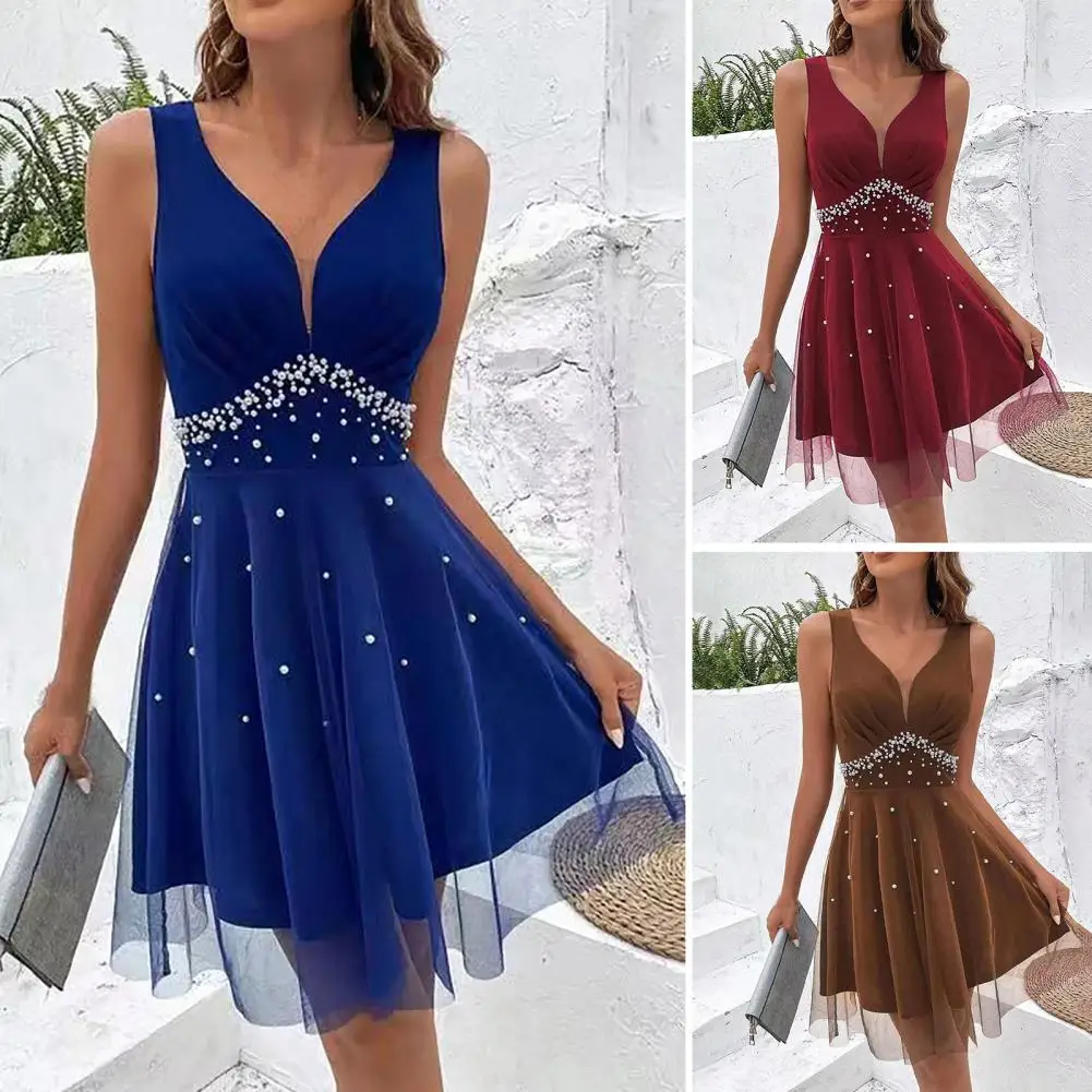 Lady Summer Ball Gown Elegant V Neck Pearl Embellished A-line Evening Dress with Double-layer Mesh Overlay High Waist for Summer