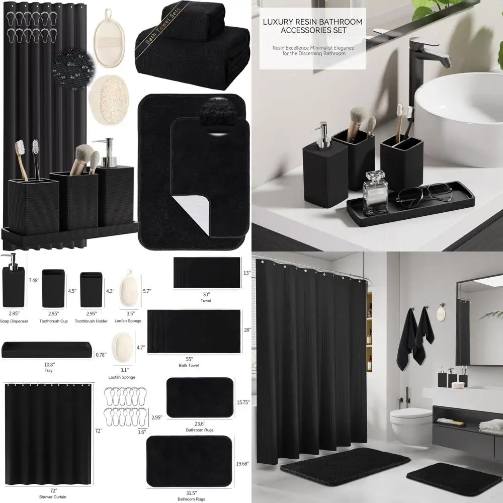 

Elegant Black Bathroom Ensemble: Shower Curtain, Mats, Towels, Loofah, Dispenser, and Accessories